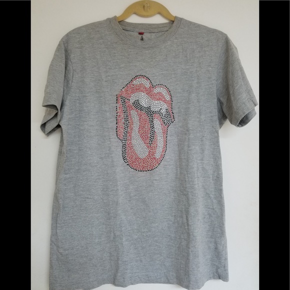 Tops - Beaded Rhinestone Tongue Tee XL Red Black Silver